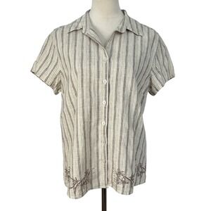 Cappagallo Linen Blend Button Down Shirt Striped Embroidered Short Sleeve Medium